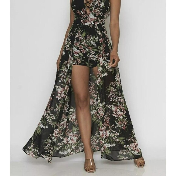 Stiletto's Floral Short  Sleeve Floral Hi-Lo Maxi Romper Dress Size Medium Black - Picture 11 of 11